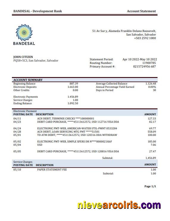 Salvador Bandesal bank statement in Word and PDF format